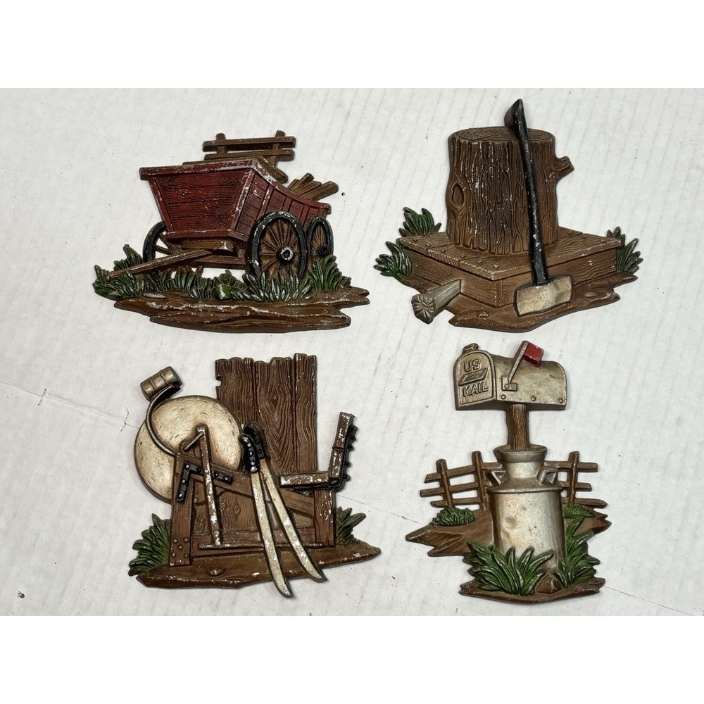 Vintage Sexton USA 1976 Farm Wall Plaques Set‎ Wagon Mailbox Rustic Decor Granny